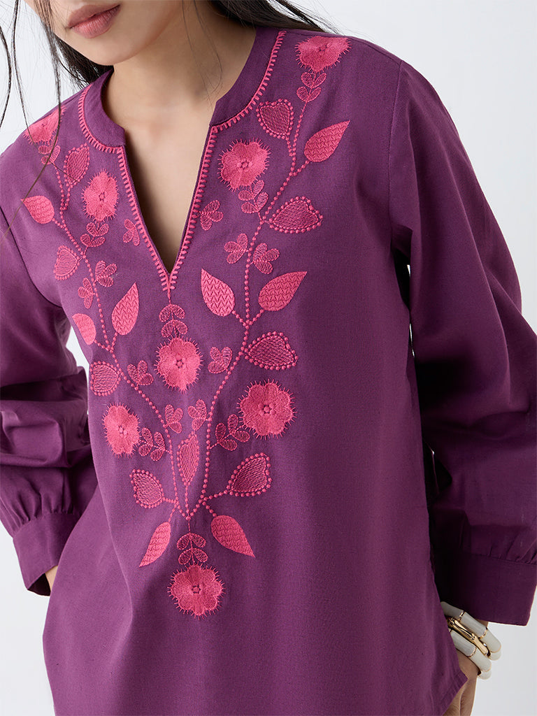 Utsa Plum Botanical Embroidered Cotton-Blend Top