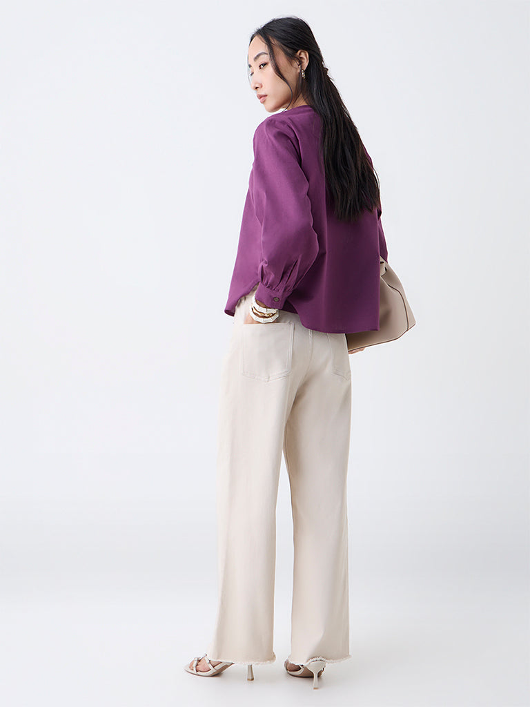 Utsa Plum Botanical Embroidered Cotton-Blend Top