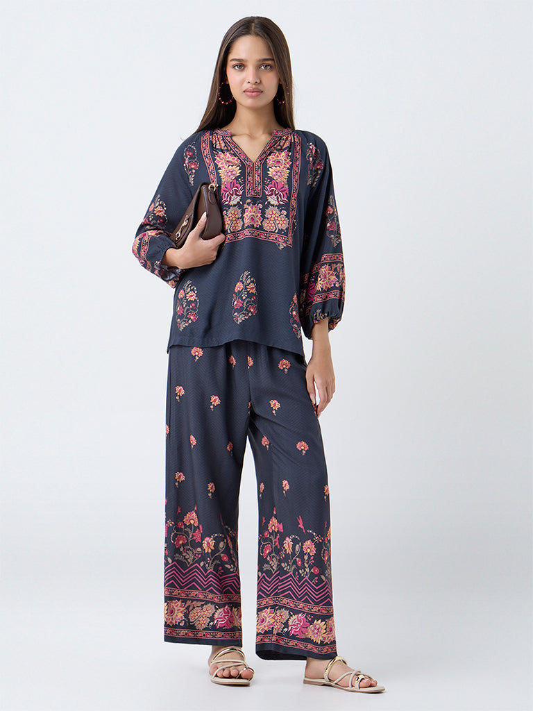 Utsa Black Floral Pattern Tunic