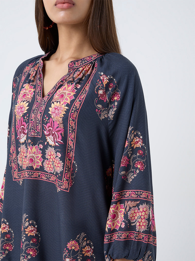 Utsa Black Floral Pattern Tunic