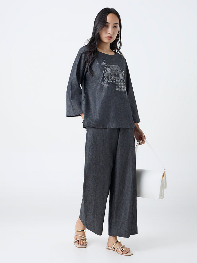 Utsa Black Solid Cotton Pants