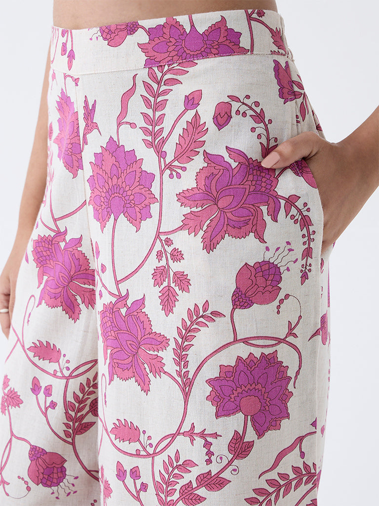 Utsa Off-White Floral Design Cotton-Blend Palazzos