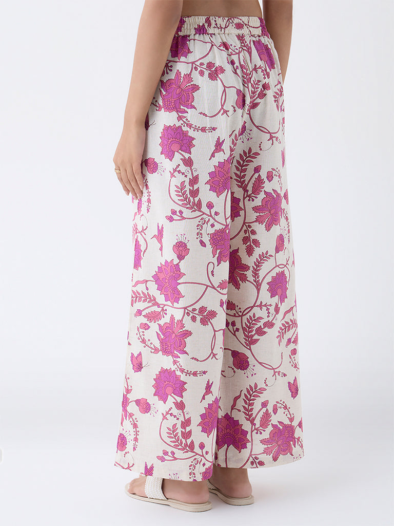 Utsa Off-White Floral Design Cotton-Blend Palazzos