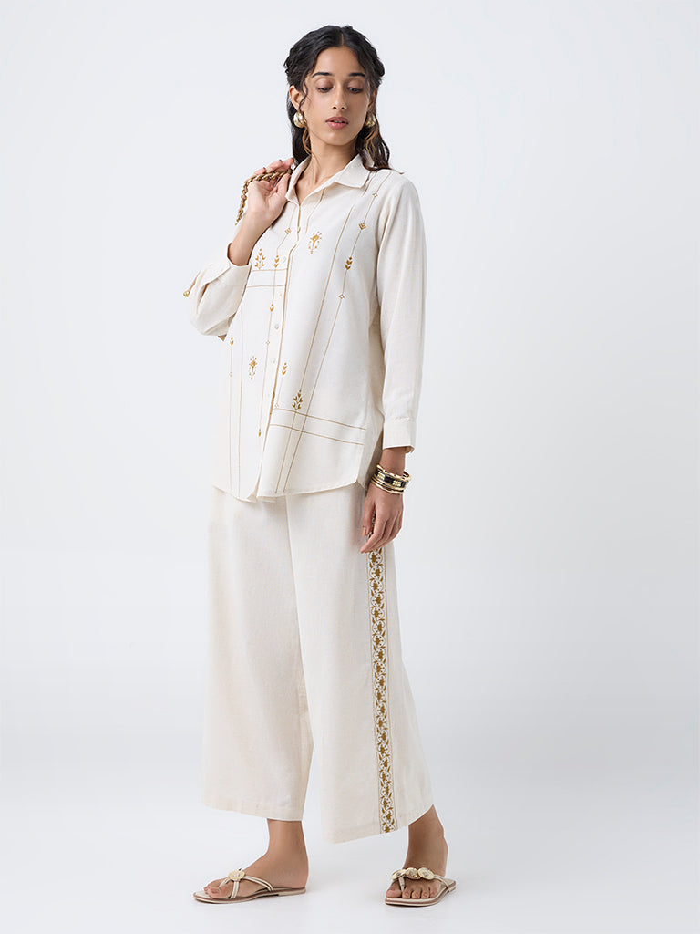 Utsa Beige Embroidered Cotton-Blend Palazzos