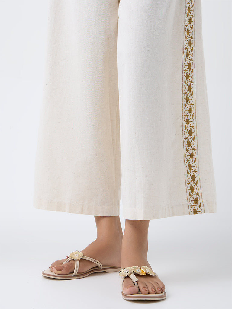 Utsa Beige Embroidered Cotton-Blend Palazzos