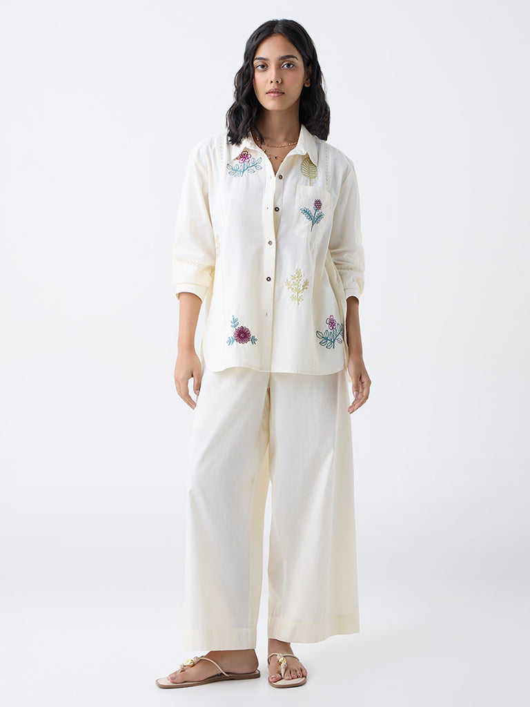 Utsa Cream Solid Cotton Ethnic Pants
