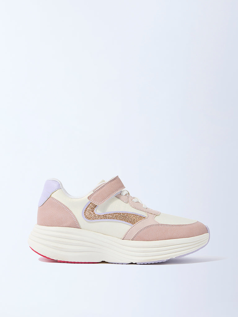 Yellow Pink Sparkle-Detailed Lace-Up Sneakers