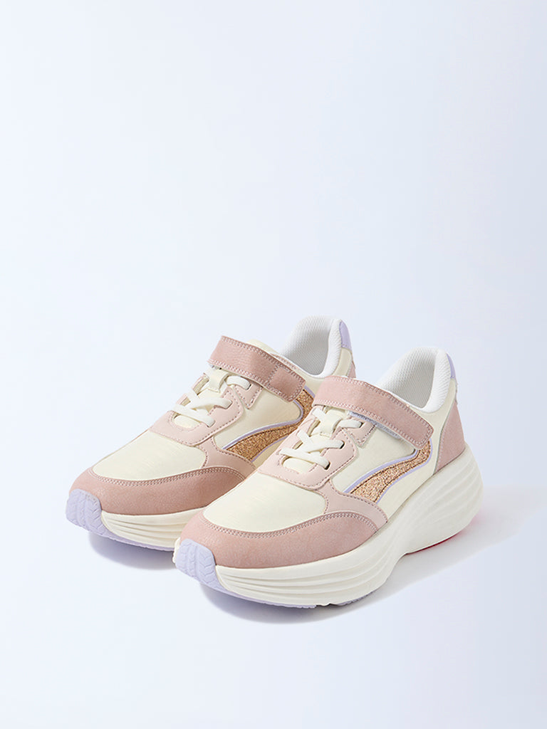 Yellow Pink Sparkle-Detailed Lace-Up Sneakers