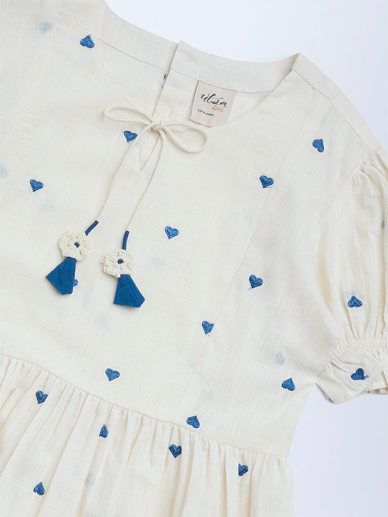 Buy Utsa Kids Girls White Heart Embroidered A-Line Cotton Dress