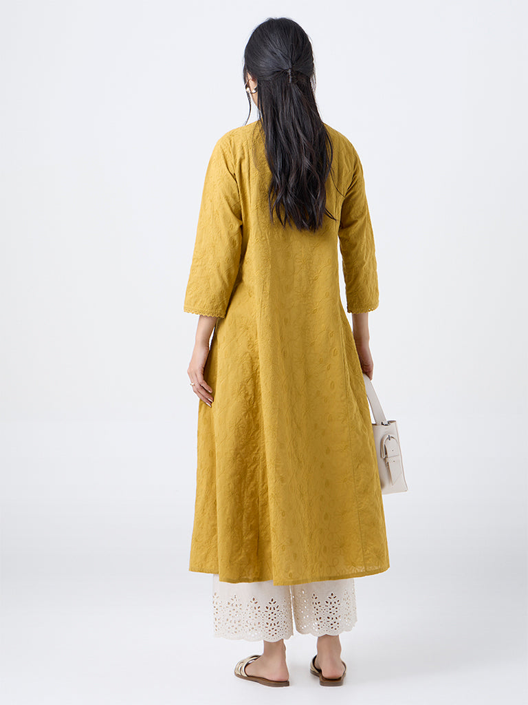 Utsa Mustard Floral Embroidered Cotton A-Line Kurta