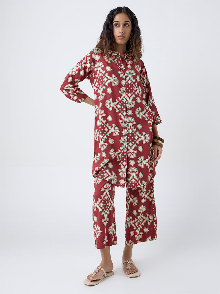 Utsa Red Geometric Printed A-Line Kurta