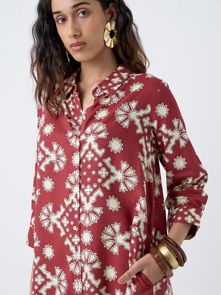 Utsa Red Geometric Printed A-Line Kurta