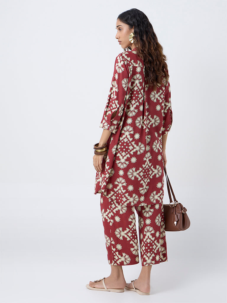 Utsa Red Geometric Printed A-Line Kurta