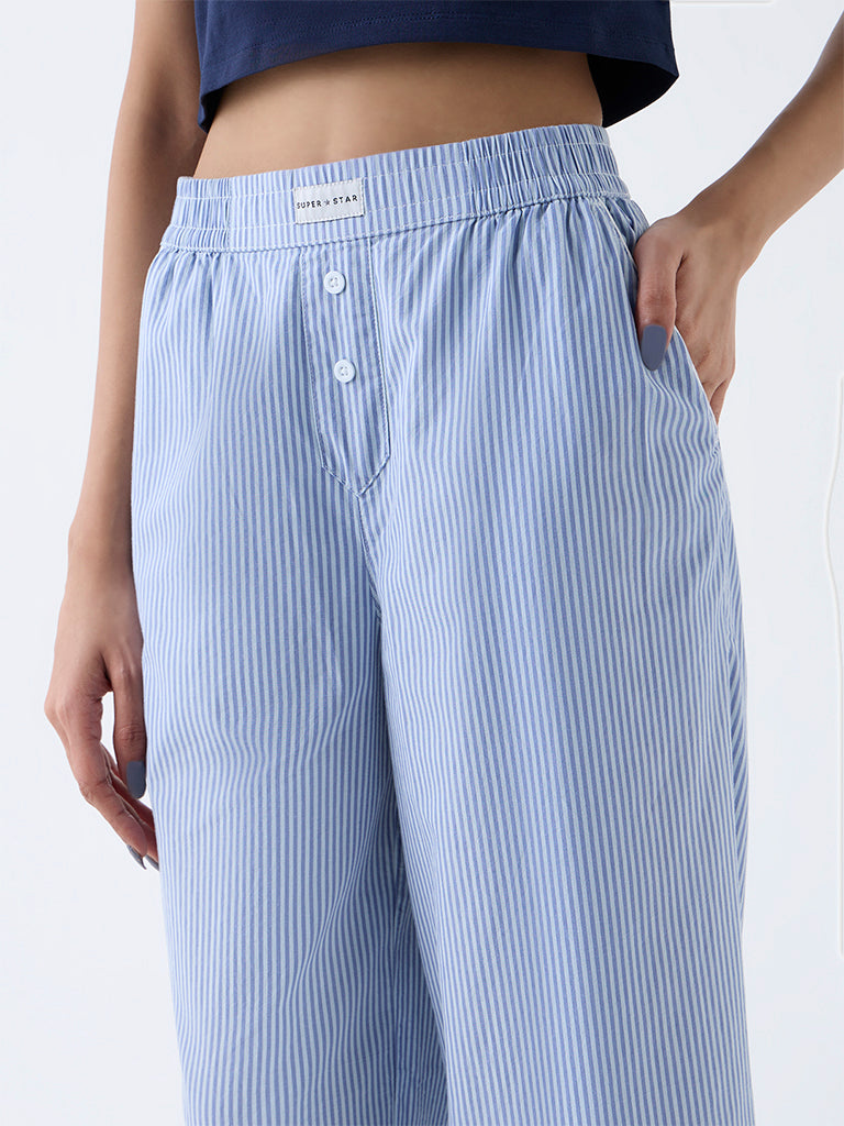 Superstar Blue Striped High-Rise Cotton Pants