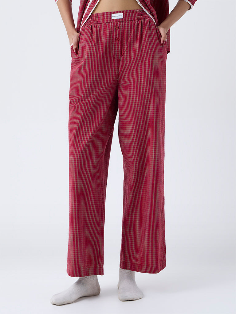 Superstar Red Checkered High-Rise Cotton Pants