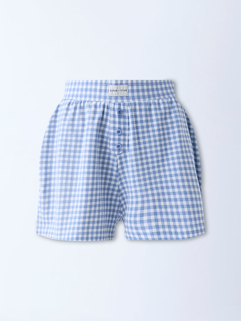 Superstar Blue Checkered Cotton-Blend High-Rise Shorts