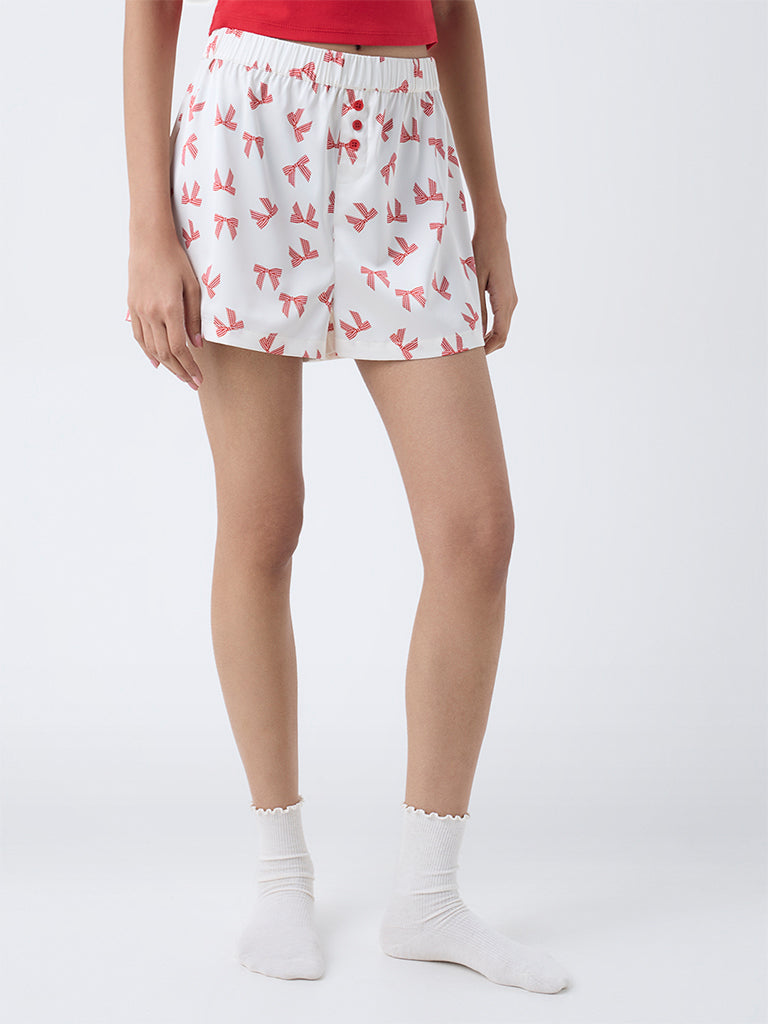 Superstar White Bow Printed High-Rise Shorts