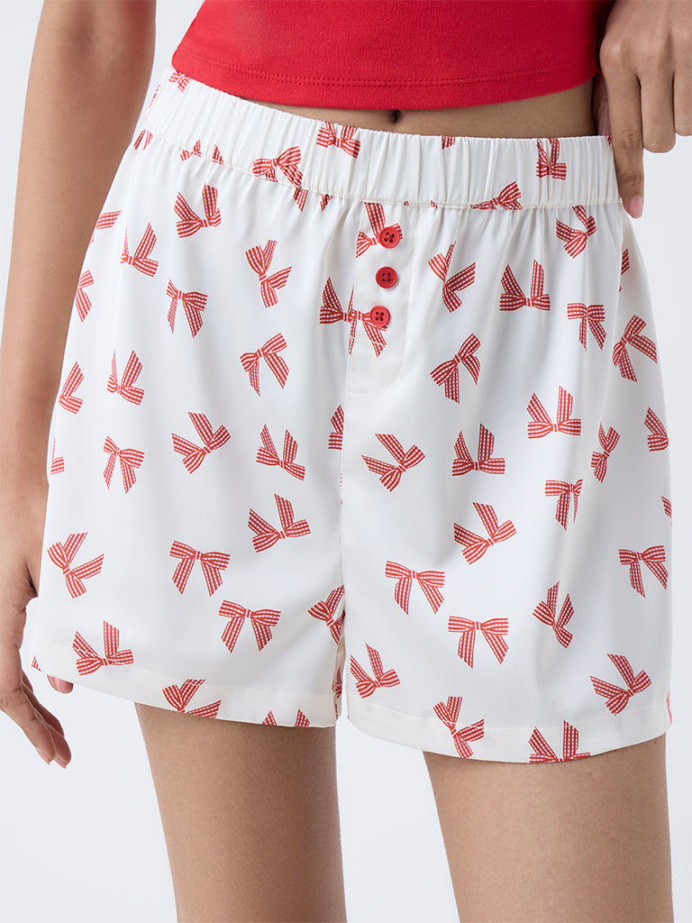 Superstar White Bow Printed High-Rise Shorts