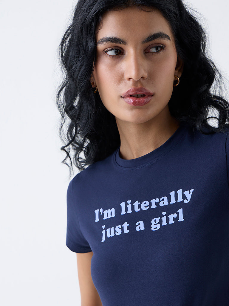 Superstar Dark Blue Text Design Cotton-Blend T-Shirt