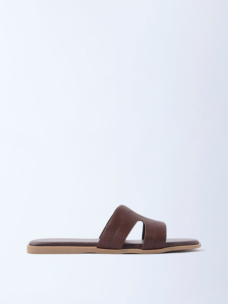 LUNA BLU Dark Brown Stitch-Detailed Slides - Exclusive