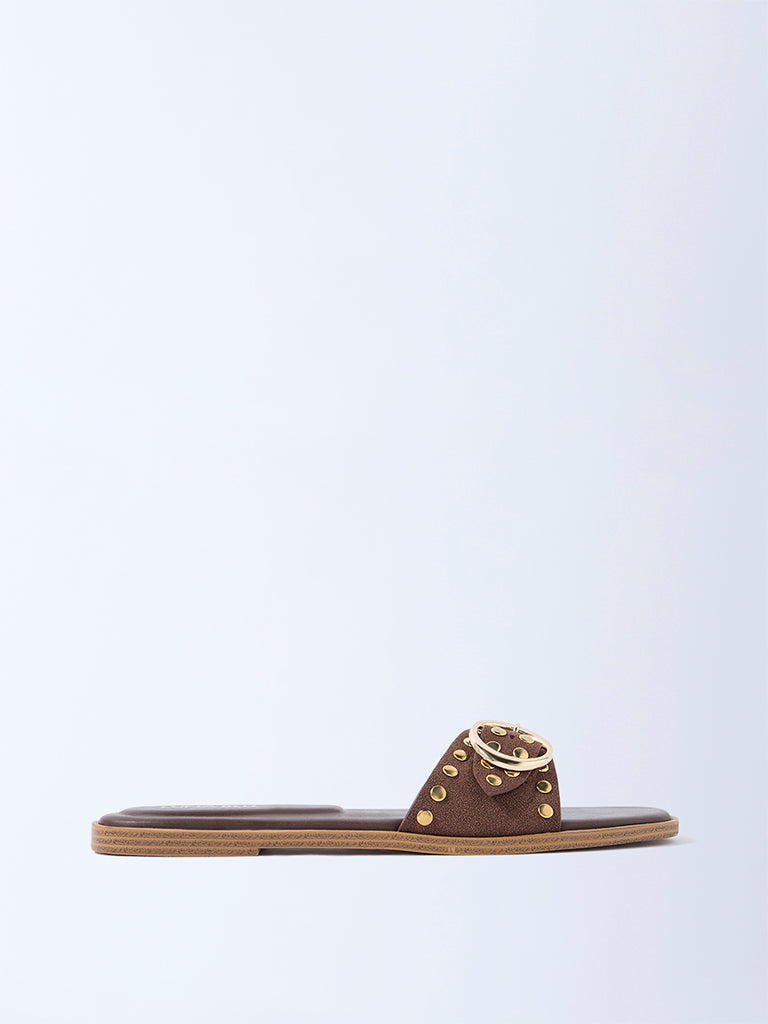 LUNA BLU Brown Stud Detailed Slides - Exclusive