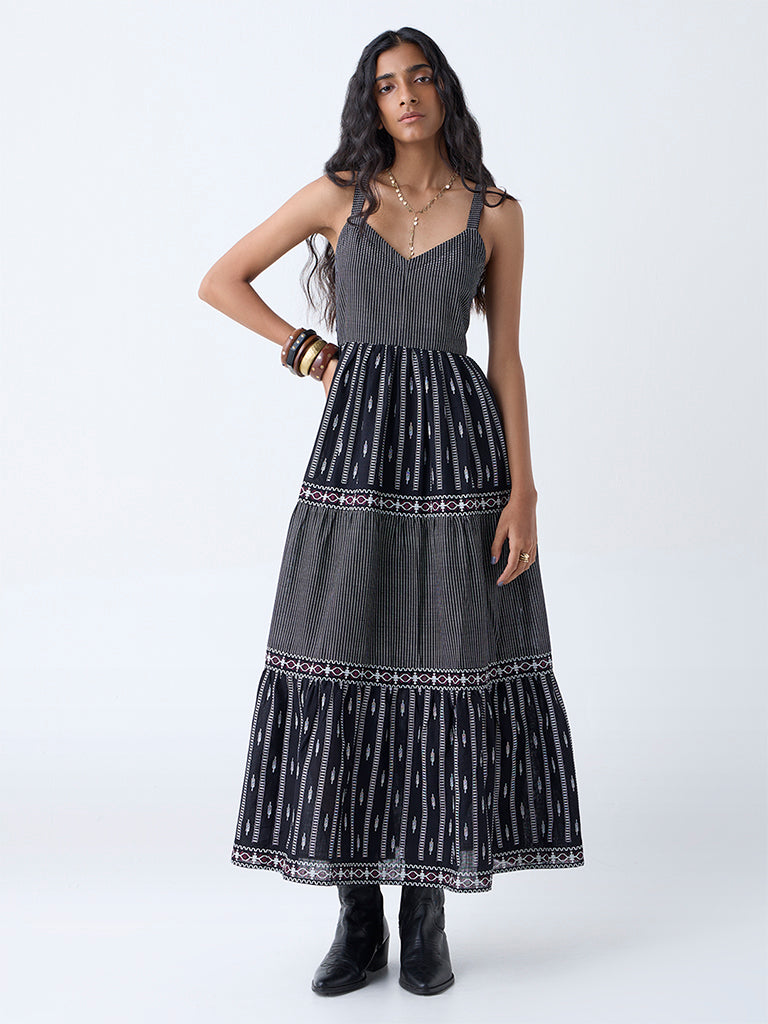 Bombay Paisley Black Printed Cotton Tiered Dress