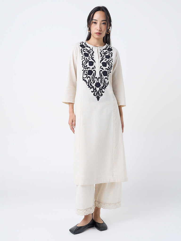 Utsa Off-White Floral Embroidered Cotton-Blend A-Line Kurta