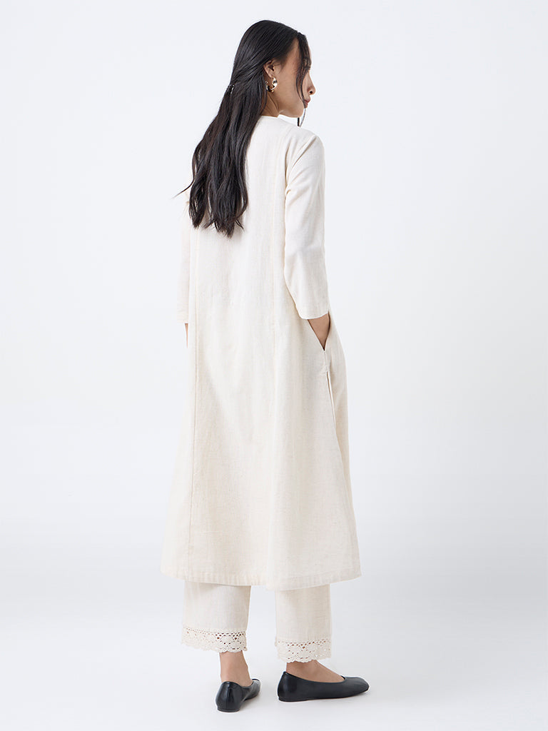 Utsa Off-White Floral Embroidered Cotton-Blend A-Line Kurta