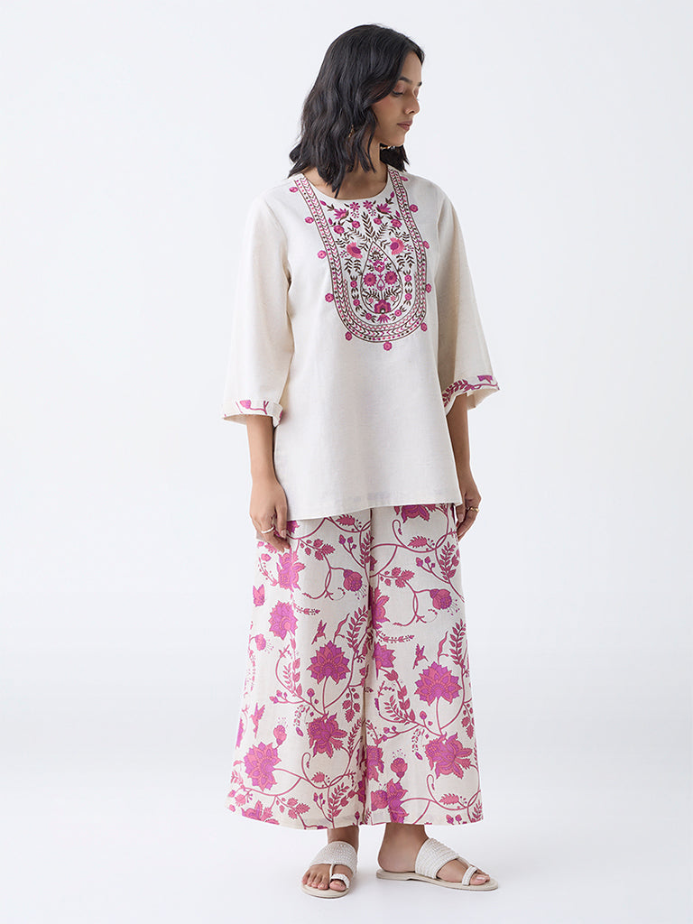 Utsa Off-White Floral Embroidered Cotton-Blend Tunic