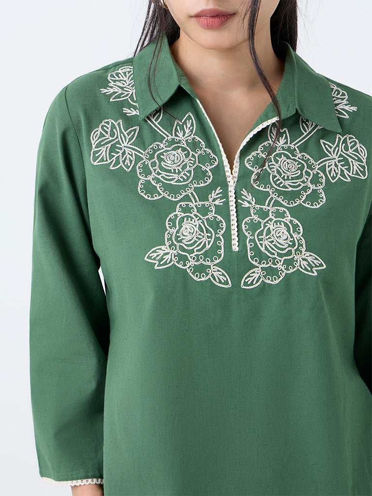 Utsa Green Floral Embroidered Cotton-Blend Tunic