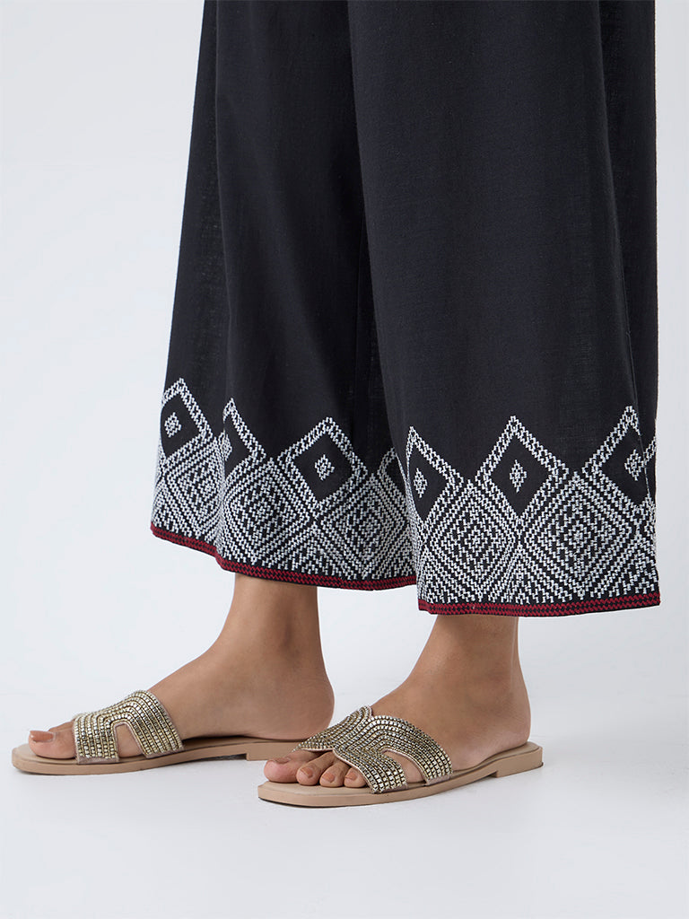 Utsa Black Embroidered Cotton Palazzos
