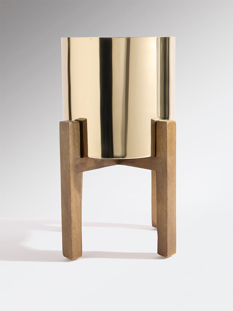 Westside Home Gold Metal Pot on Wooden Stand - Medium