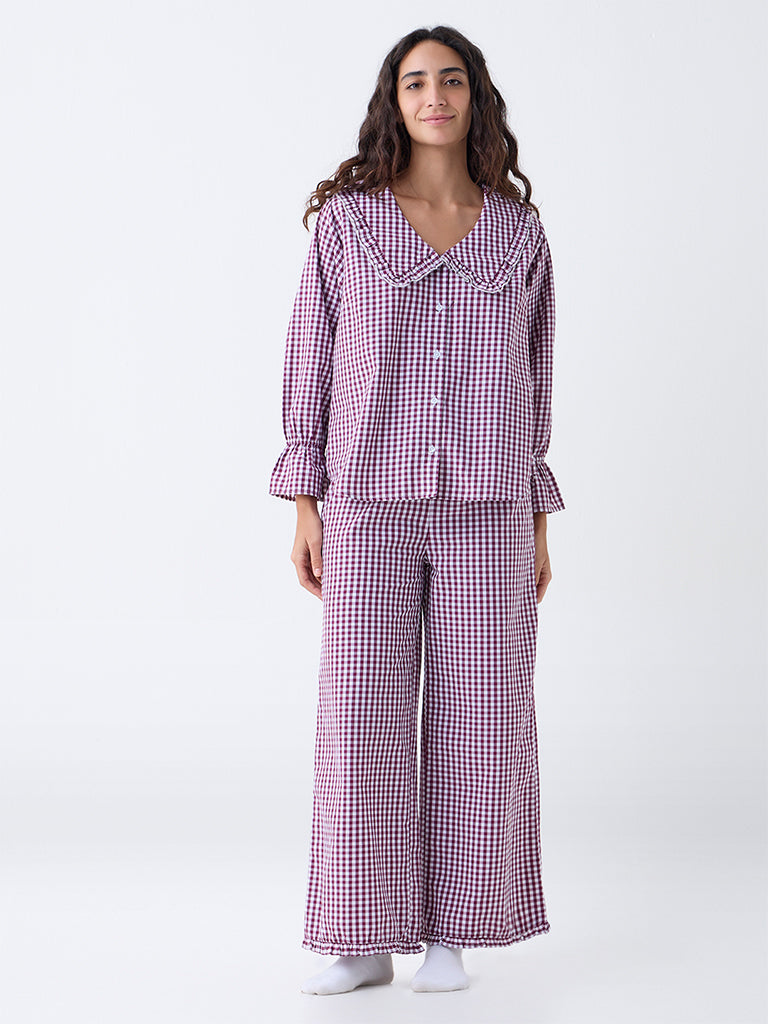 Wunderlove Plum Checkered Cotton-Blend Shirt and Pyjama Set