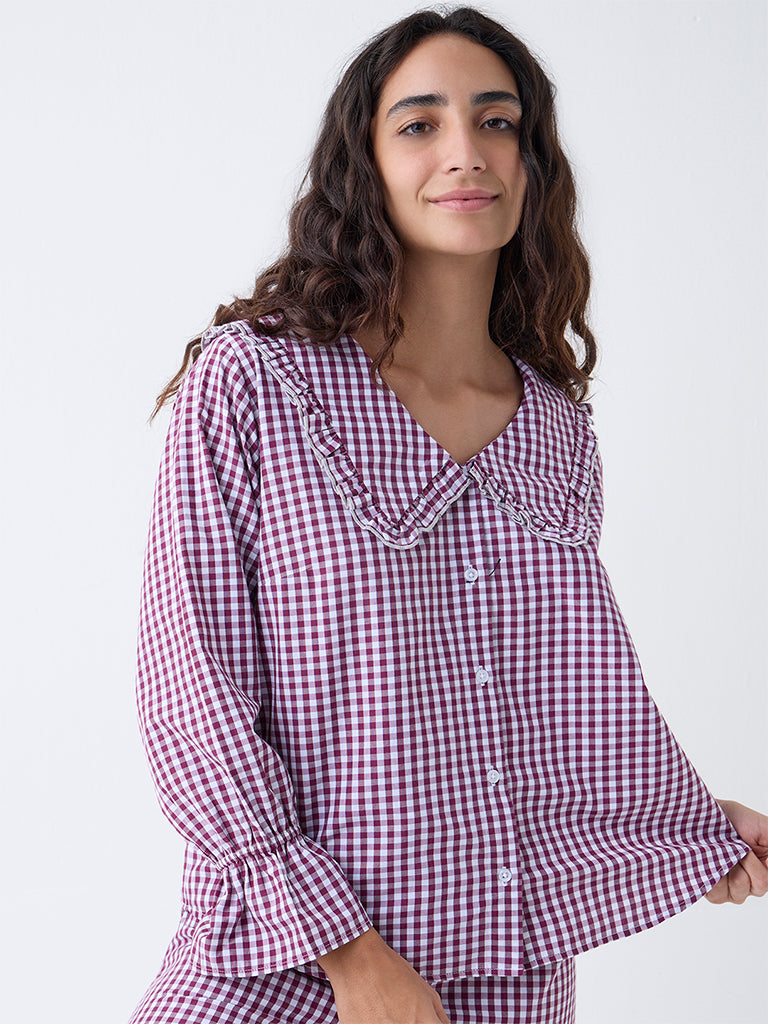 Wunderlove Plum Checkered Cotton-Blend Shirt and Pyjama Set