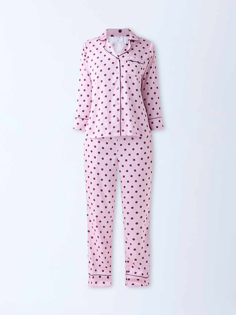 Wunderlove Pink Polka Dotted Satin Shirt with Pyjamas Set