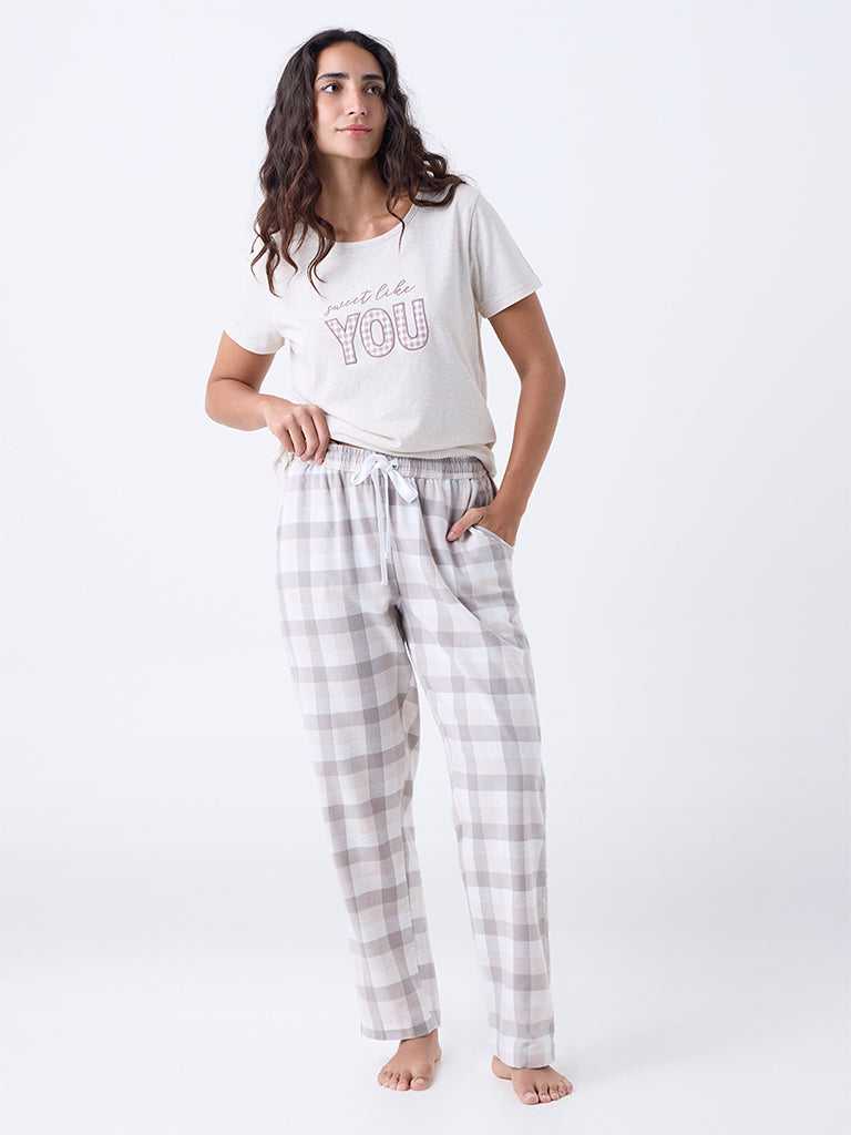 Wunderlove Grey Checkered High-Rise Cotton Pants