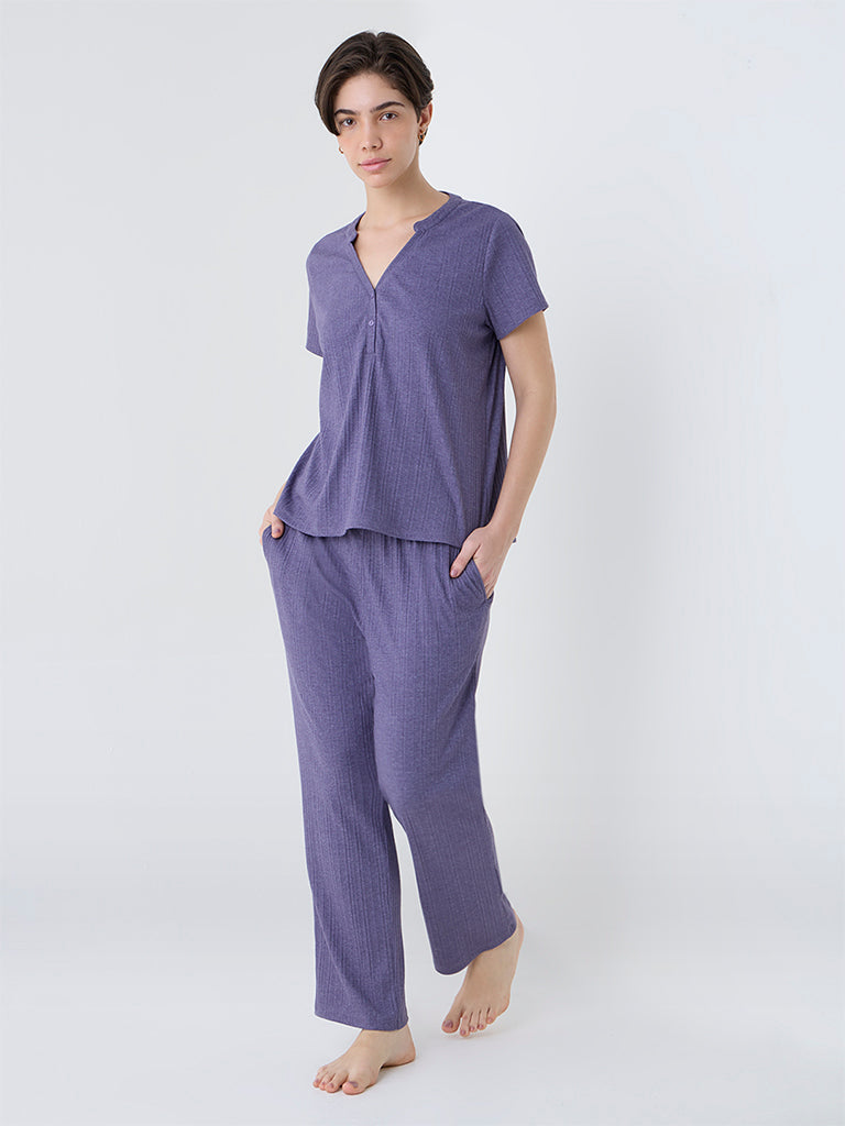 Wunderlove Purple Ribbed-Textured Cotton-Blend Top