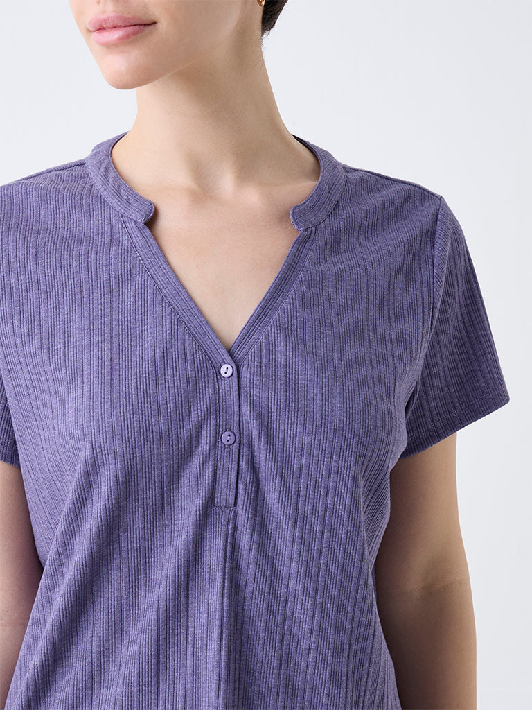 Wunderlove Purple Ribbed-Textured Cotton-Blend Top