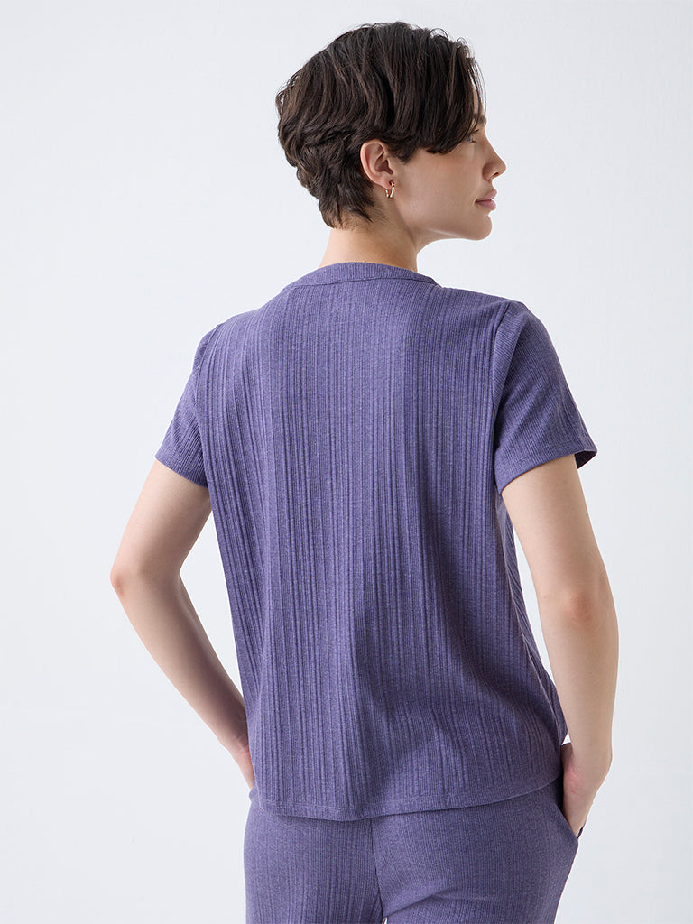 Wunderlove Purple Ribbed-Textured Cotton-Blend Top