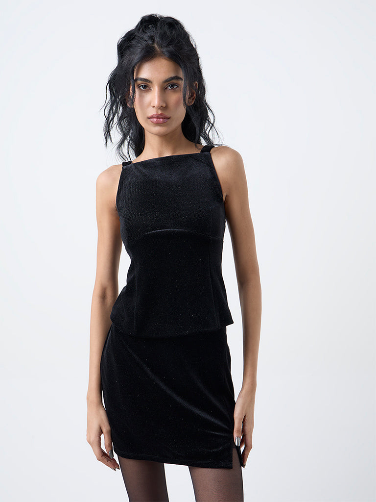 Nuon Black Bow-Detailed Velvet Cotton-Blend Top