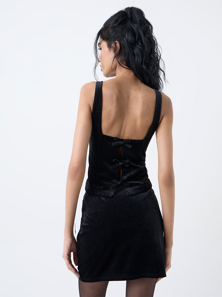 Nuon Black Bow-Detailed Velvet Cotton-Blend Top