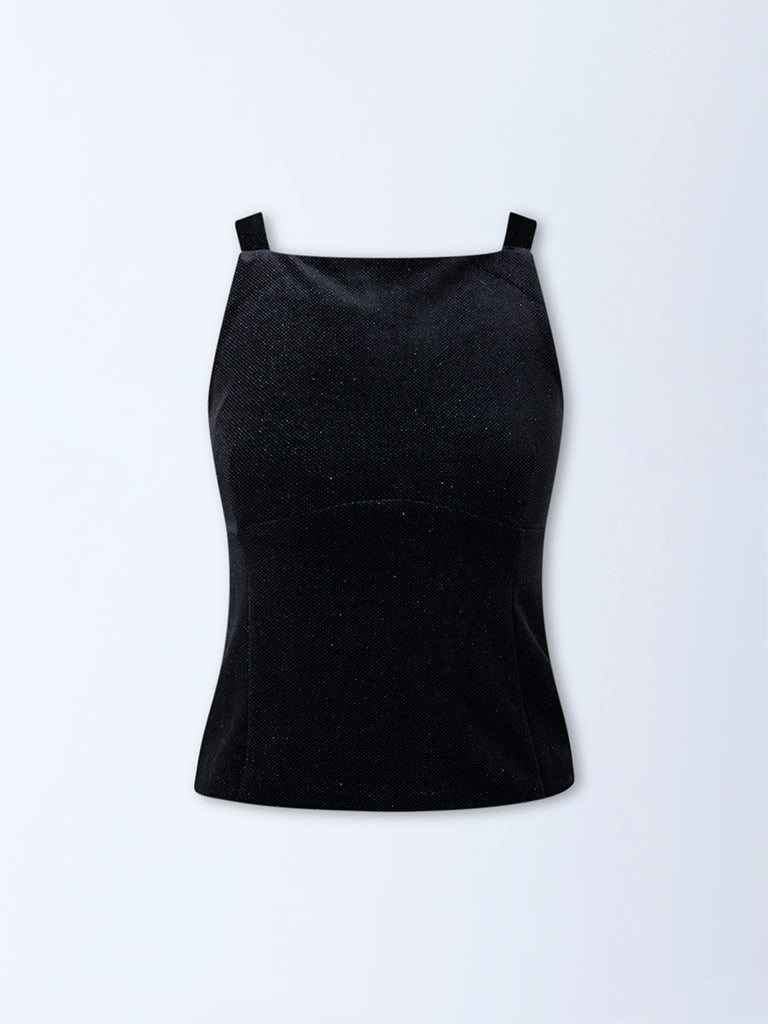 Nuon Black Bow-Detailed Velvet Cotton-Blend Top