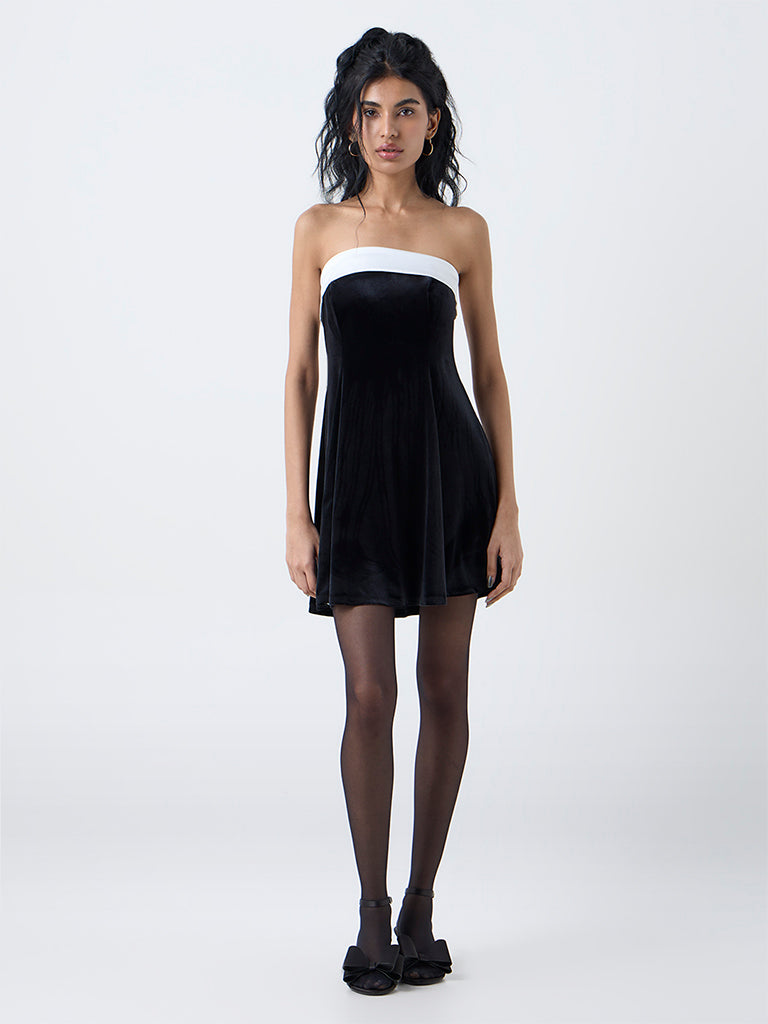 Nuon Black Off-Shoulder Velvet Cotton-Blend Tube Dress