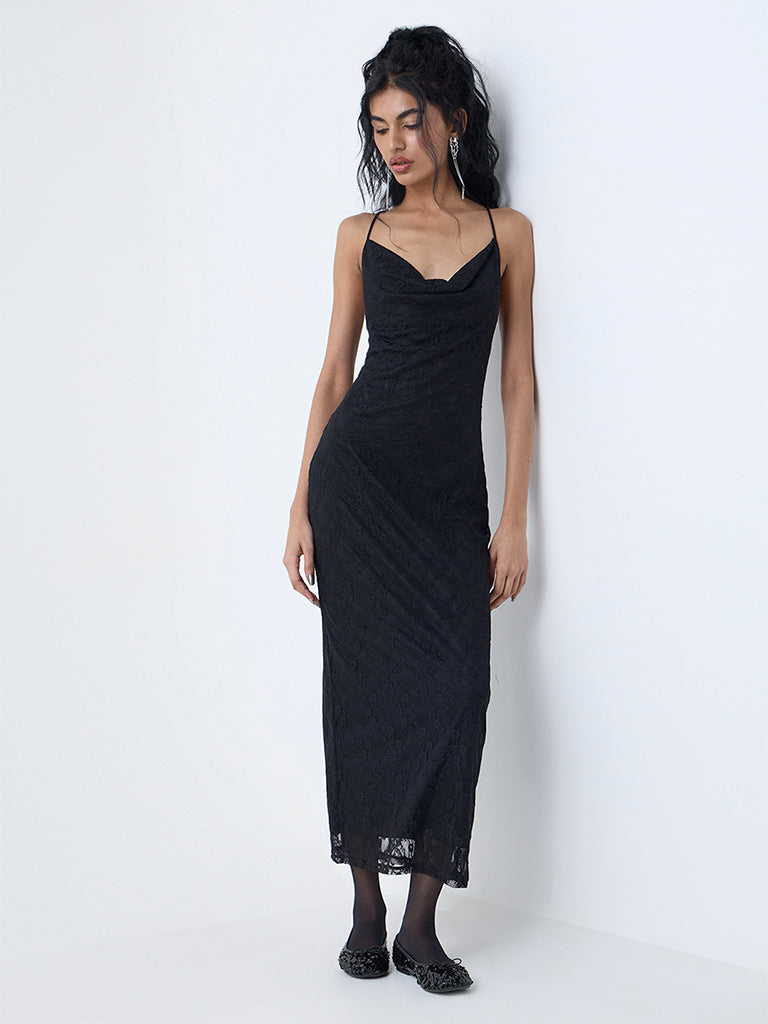 Nuon Black Lace Cowl-Neck Party A-Line Dress