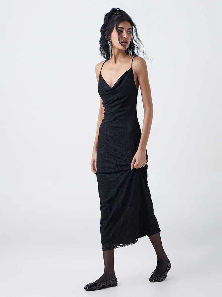 Nuon Black Lace Cowl-Neck Party A-Line Dress