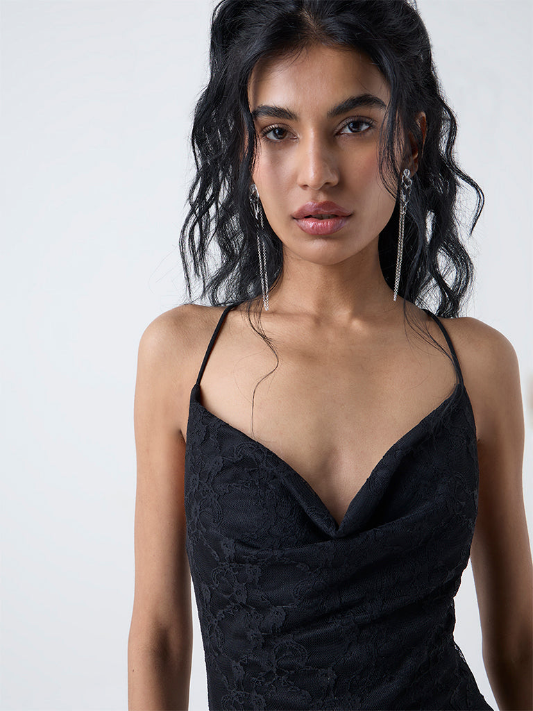 Nuon Black Lace Cowl-Neck Party A-Line Dress