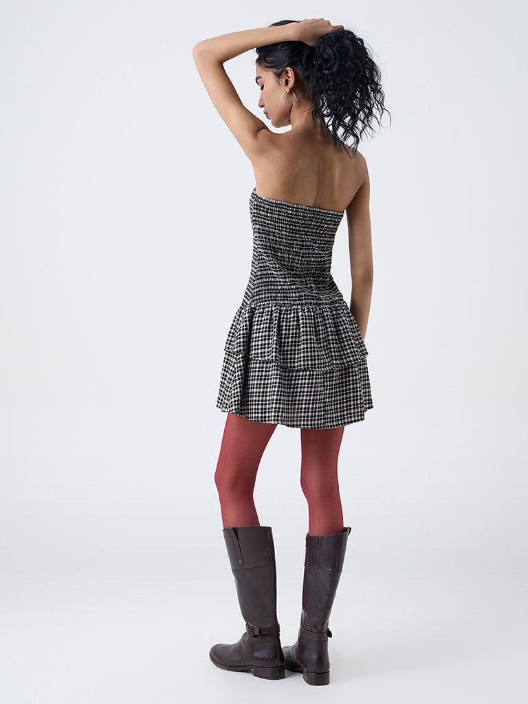 Nuon Black Checks Printed Smocked Cotton Tube Dress