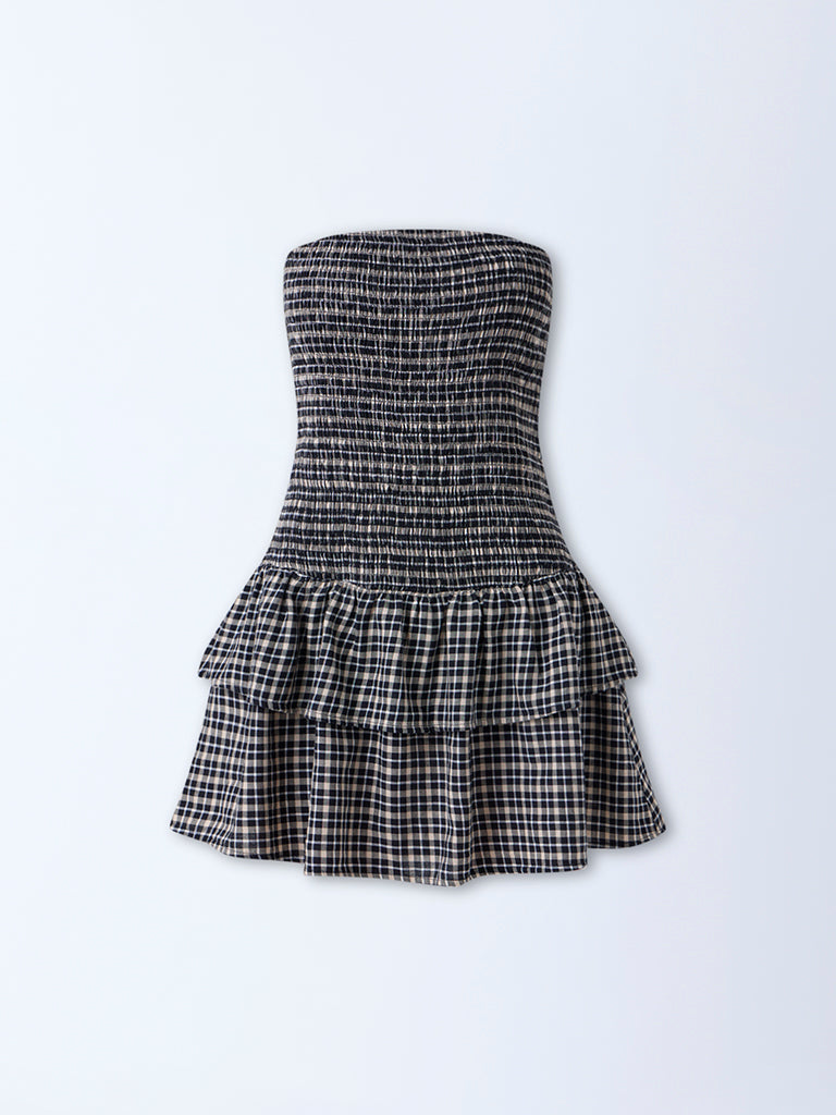 Nuon Black Checks Printed Smocked Cotton Tube Dress
