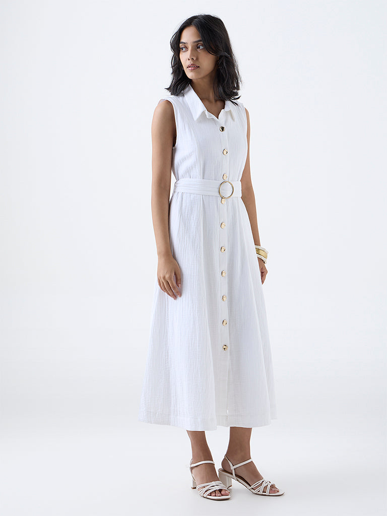 LOV White Crinkle-Textured Cotton Shirt Dress