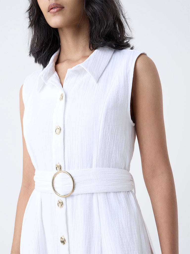 LOV White Crinkle-Textured Cotton Shirt Dress